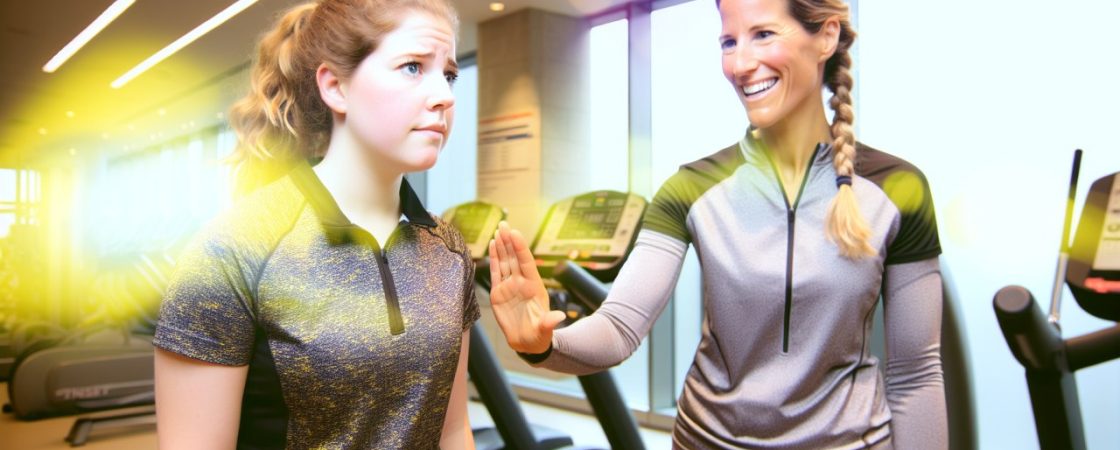 Une coach sportive en train de motiver une femme appréhensive à la salle de sport.
