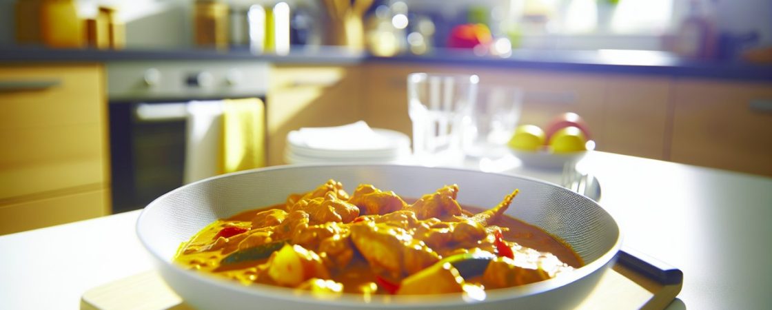 Un plat de poulet au curry bien garni sur une table de cuisine.