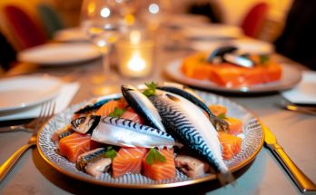 Un plat de saumon, de maquereau et de sardine soigneusement présenté sur une table.
