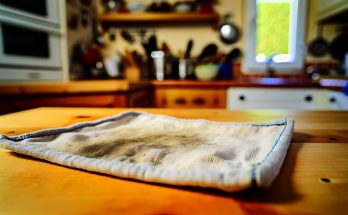 Un torchon usagé et taché posé sur un plan de travail en bois dans une cuisine bien éclairée.