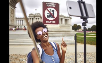 Un touriste prenant un selfie avec un bâton à selfie devant un monument célèbre, avec un panneau interdisant les selfies en arrière-plan.