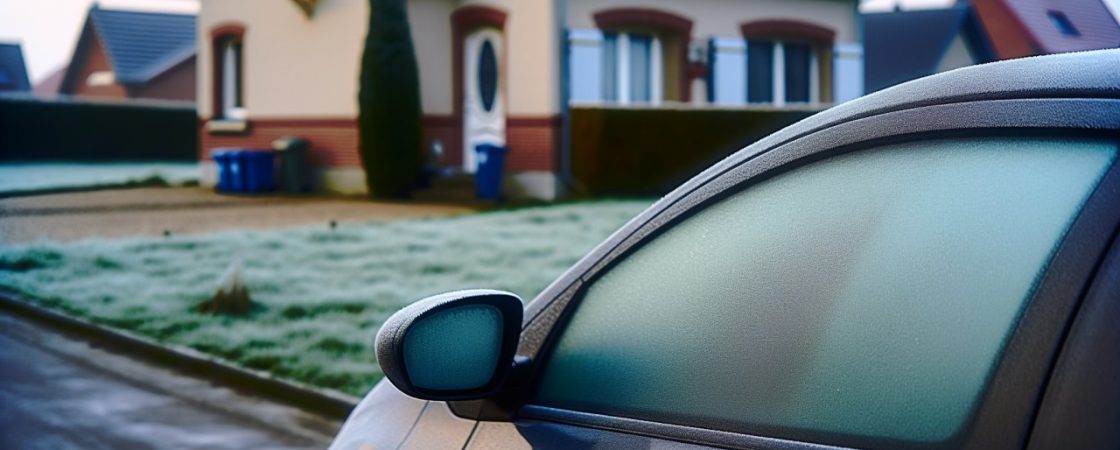 Une voiture stationnée devant une maison, les vitres givrées par le froid matinal.