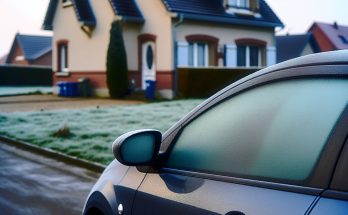 Une voiture stationnée devant une maison, les vitres givrées par le froid matinal.