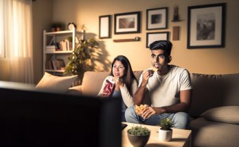 Un couple assis sur le canapé, mangeant des snacks tout en regardant la télévision.