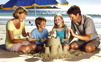 Une famille heureuse sur la plage, les enfants construisant un château de sable pendant que les parents se détendent sous un parasol.