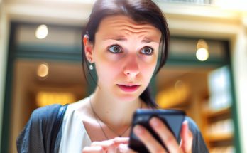 Une jeune femme regardant son smartphone avec une expression interrogative sur le visage.