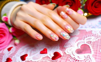 Une main féminine avec des ongles manucurés et décorés de petits cœurs pour la Saint-Valentin.
