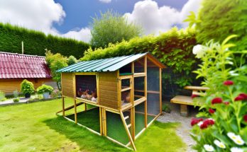 Un poulailler installé correctement dans un jardin verdoyant respectant les normes légales.