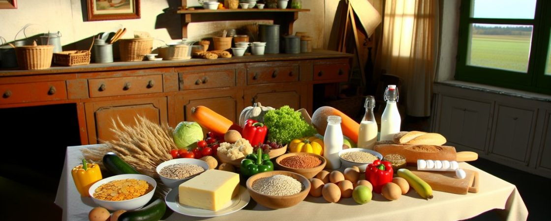 Une sélection de différents aliments sur une table, comme des légumes, des fruits, des céréales et des produits laitiers.