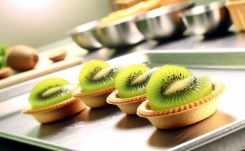Des tartelettes aux kiwis fraîchement préparées, garnies de tranches de trois kiwis.