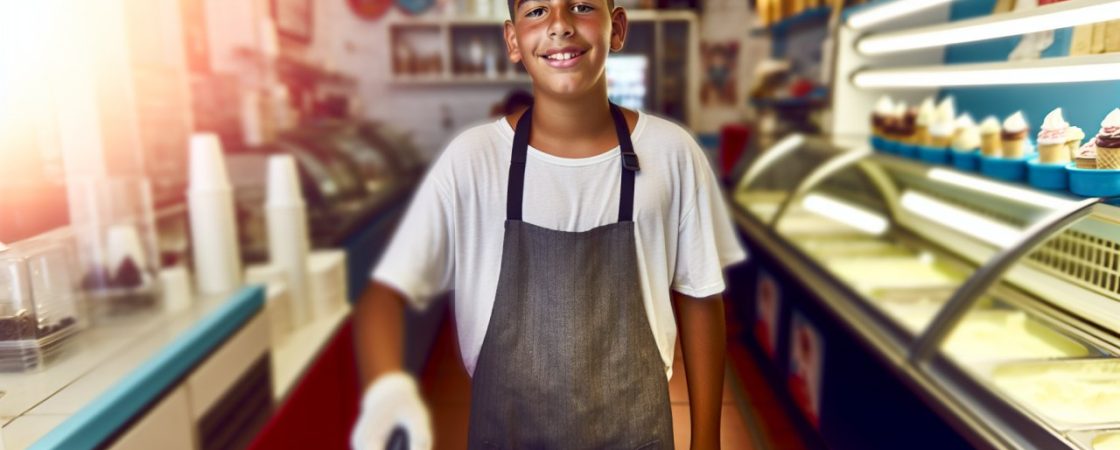 Un adolescent en train de servir des glaces dans une boutique pendant l'été.