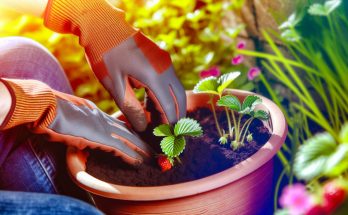 Des mains gantées plantant un fraisier dans un pot de terre.