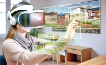 Une personne portant un casque de réalité virtuelle, en train d'interagir avec des images numériques superposées sur son environnement réel.