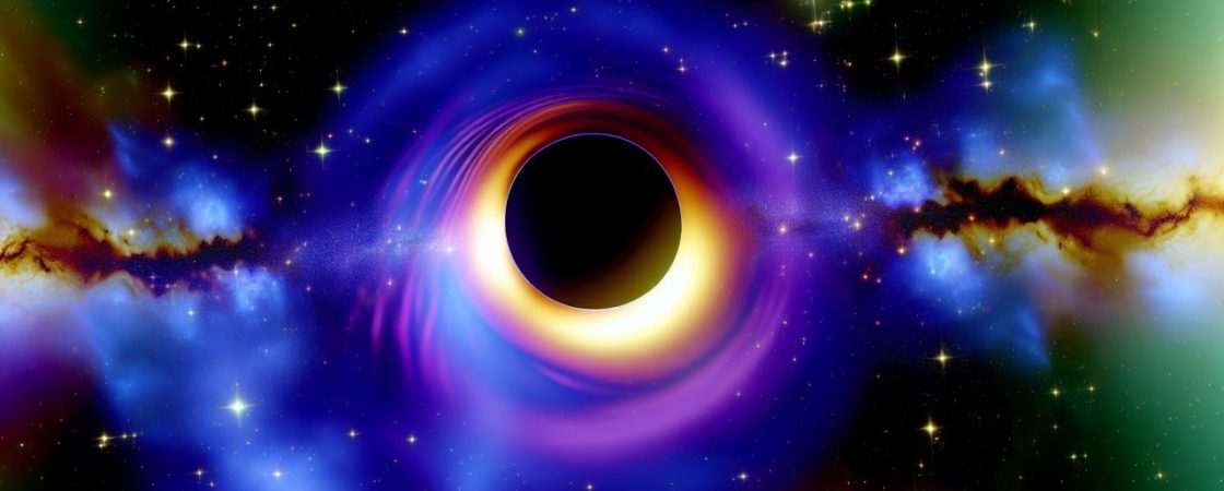 Un trou noir dans l'espace étoilé, symbolisant la courbure du continuum espace-temps.