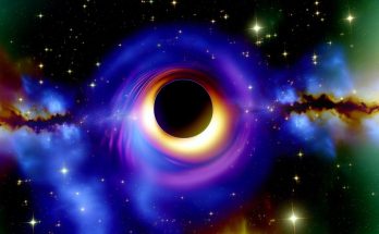 Un trou noir dans l'espace étoilé, symbolisant la courbure du continuum espace-temps.