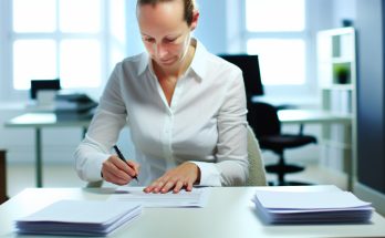 zoom sur une personne qui rempli un formulaire dans un bureau