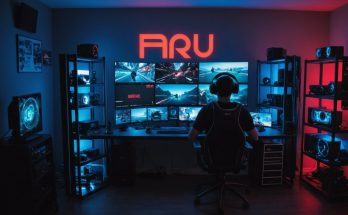 un passionné de jeux vidéo joue de dos sur son pc gamer dans sa salle dédié aux jeux vidéo