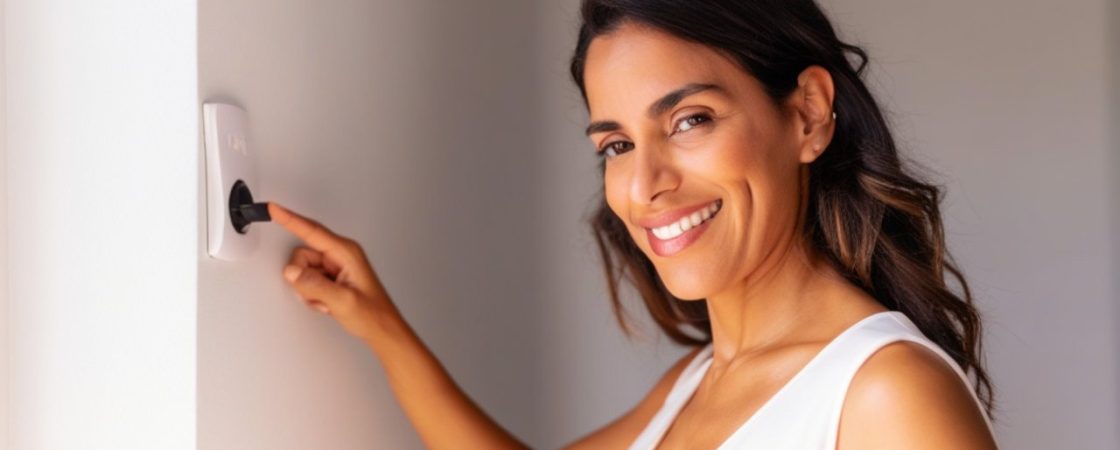 un femme eteint la lumière en appuyant sur un interrupteur