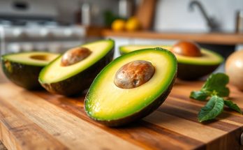 avocat ouvert sur une planche à découper de cuisine