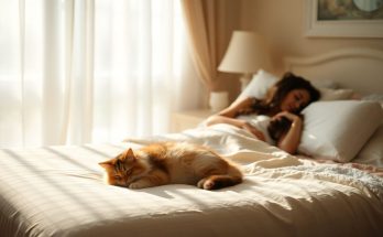 un chat dort dans un lit à coté d'une femme