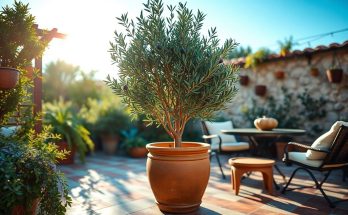 olivier en pot sur une terrasse d'un jardin