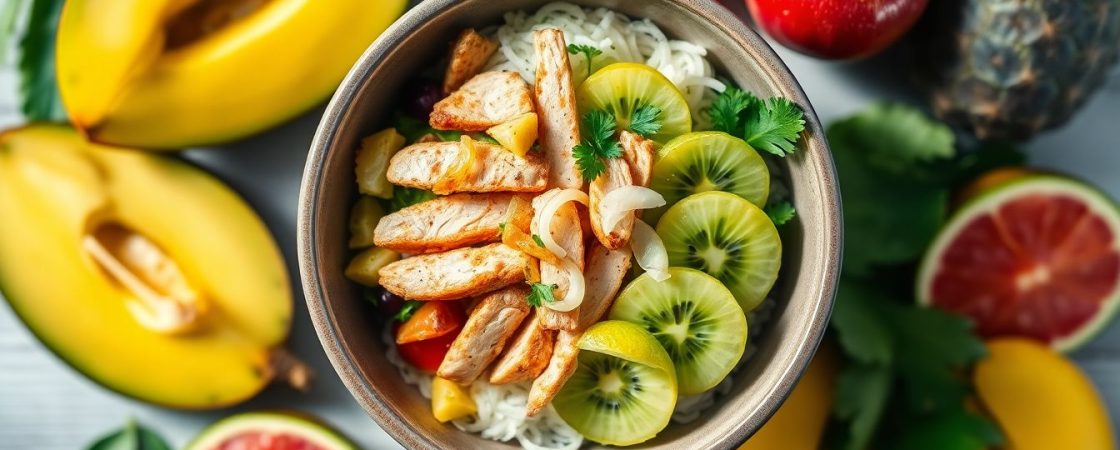 Poké bowl d'été au poulet, kiwi et oignons croquants : la fraîcheur tropicale dans votre assiette