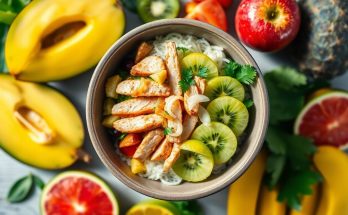 Poké bowl d'été au poulet, kiwi et oignons croquants : la fraîcheur tropicale dans votre assiette