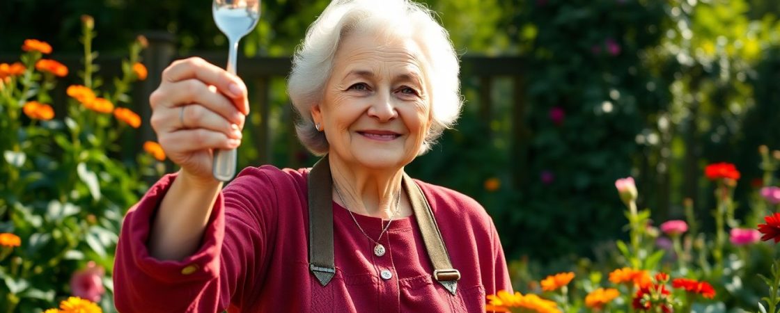 une grand-mère montre une cuillère dans son jardin